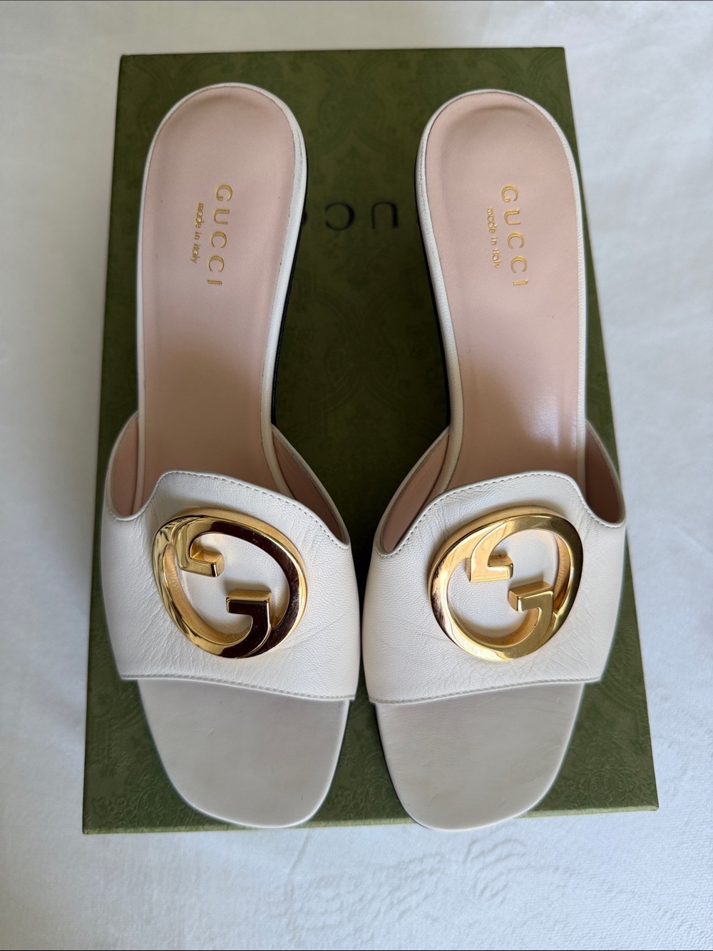 Gucci White Leather GG Slide Mules with Gold Hardware